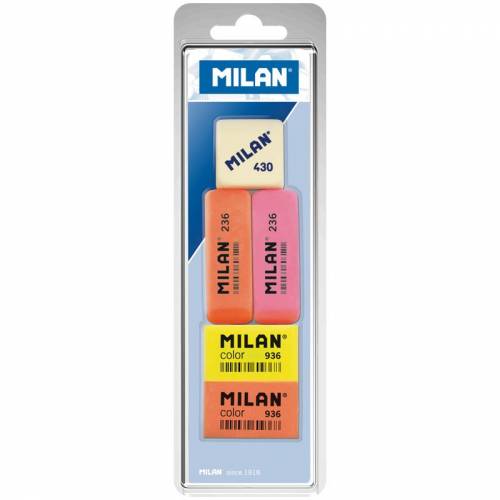 Набор ластиков Milan "236", "Color 936" и "430", 5шт., скошенный/прямоугольный, блистер