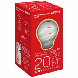 Лампа энергосберегающая Старт E 20W, SPC E27, 2700K 8Y, теплый свет