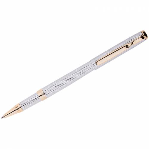 Ручка-роллер Delucci синяя, 0,6мм, корпус серебряный/золото, подар. уп.