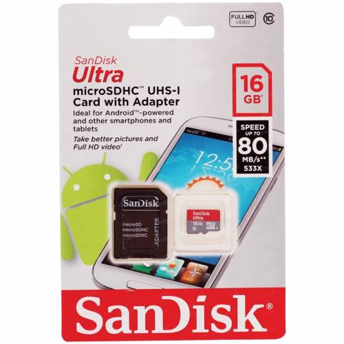 Карта памяти SanDisk MicroSDHC Ultra 32GB, Class 10, скорость чтения 80Мб/сек (с адаптером SD)