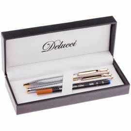 Набор Delucci: ручка шариковая, 1,0мм и ручка-роллер, 0,6мм, синие, корпус серебро, подар. уп.