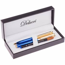Набор Delucci: ручка шариковая, 1,0мм и ручка-роллер, 0,6мм, синие, корпус синий/золото,подар. уп.