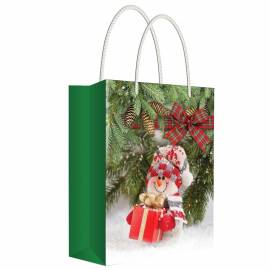 Пакет подарочный новогодний 18*22,7*10см Русский дизайн "Снеговик с подарком", ламинированный