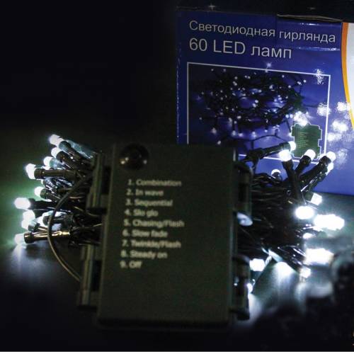 Электрогирлянда уличная светодиодная 60 ламп, холодный белый, 8 функций, на батарейках, 5,9м + 0,5м