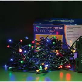 Электрогирлянда уличная светодиодная 60 ламп, многоцветный, 8 функций, на батарейках, 5,9м + 0,5м