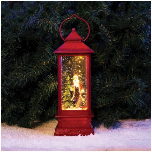 Декоративный фонарь на батарейках с эффектом снегопада и подсветкой "Дед Мороз", 27см, красный