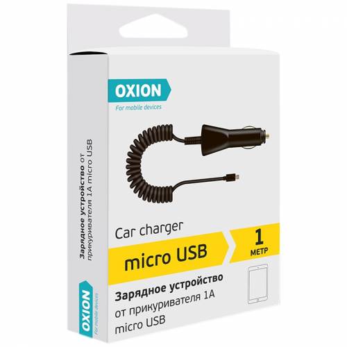 Зарядное устройство автомобильное Oxion AC106, micro USB, 1А, 1м, витой кабель, черный
