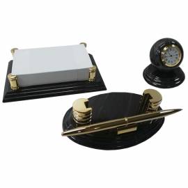 Набор настольный подарочный Delucci, 3 предмета, черный мрамор с золотой отделкой, часы в комплекте