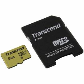 Карта памяти Transcend MicroSDHC 8Gb, Class 10 UHS-I U-1, скорость чтения 95Мб/сек (с адаптером SD)