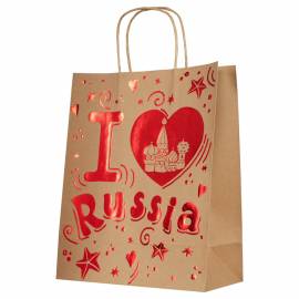 Пакет подарочный 26*32,4*12,7см Феникс Презент "Люблю Россию", крафт, с тиснением