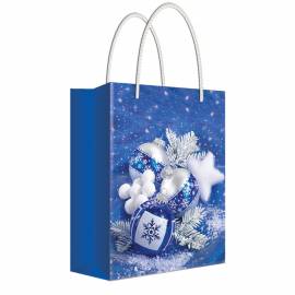 Пакет подарочный новогодний 18*22,7*10см Русский дизайн "Елочные украшения в синем цвете", ламинир.