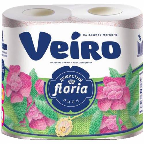 Бумага туалетная Veiro "Floria. Душистый пион" 2-х слойн., тиснение, белая, 4шт.