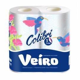 Полотенца бумажные в рулонах Veiro "Colibri", 3-х слойн.,15м, тиснение, белые, 2шт.