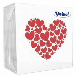 Салфетки бумажные Veiro, 1 слойн., 24*24см, белые, рисунок "Сердечки", 50шт.