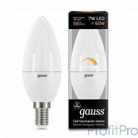 GAUSS 103101107-D Светодиодная лампа LED Свеча-dim E14 7W 560lm 3000К диммируемая 1/10/100 