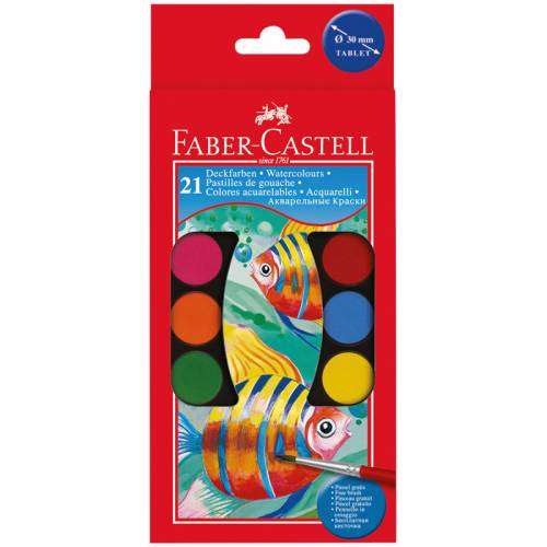 Акварель Faber-Castell, 21 цвет, диаметр 30 мм, 2 кисти, картон, европодвес