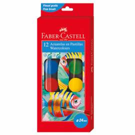 Акварель Faber-Castell, 12 цветов, диаметр 24 мм, с кистью, картон, европодвес