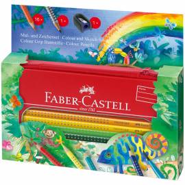 Карандаши цветные Faber-Castell "Grip Jungle", 16цв.+2, трехгран., заточен., метал. упак.в картоне