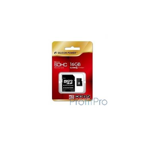 Micro SecureDigital 16Gb Silicon Power SP016GBSTH010V10-SP MicroSDHC Class 10, SD adapter