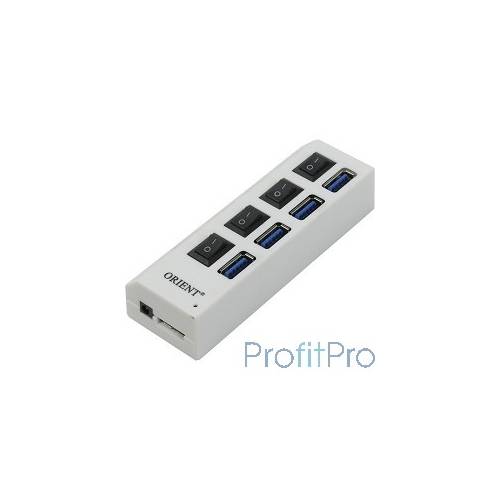 ORIENT BC-307PS, USB 3.0 HUB 4 Ports, c БП-зарядником 2xUSB (5В, 2.1А), выключатели на каждый порт, белый 