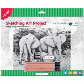 Набор для рисования скетча Greenwich Line "Слоны", A3, карандаши, ластик, точилка, картон