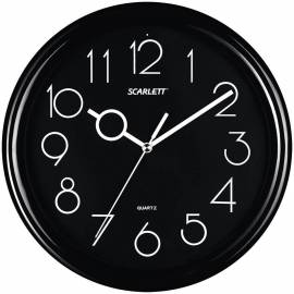 Часы настенные ход шаговый, офисные Scarlett SC-09B, круглые, 25,5*25,5*4,6, черная рамка