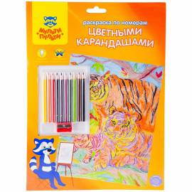 Раскраска по номерам Мульти-Пульти "Тигры" А4, с цветными карандашами, картон, европодвес